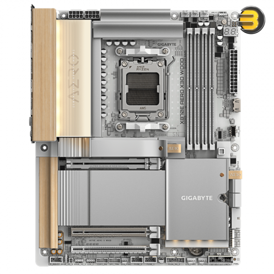 GIGABYTE X870E AERO X3D WOOD ATX AM5 DDR5 Motherboard GIGABYTE X870E AERO X3D WOOD ATX motherboard with AM5 socket, DDR5 slots, USB4 ports, Wi-Fi 7 and premium wood aesthetic design