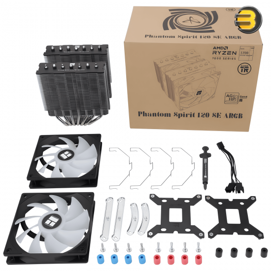 Thermalright Phantom Spirit 120 SE ARGB Dual-Tower CPU Cooler — 7x6mm Heatpipes, Dual 120mm S-FDB PWM Fans, 1500RPM, 66.17CFM, 25.6dBA, 280W TDP, ARGB 3-Pin 5V, Nickel-Plated Copper Base, Intel LGA1700/1200/115X, AMD AM4/AM5 Compatible, Black