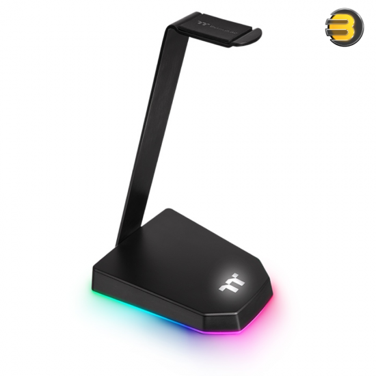 Thermaltake E1 RGB Gaming Headset Stand – Black Aluminum holder construction with a non-slip rubberized base, 16.8M RGB backlight, and comes with a 1.8m USB 3.0 cable and 1.8m 3.5mm 4-pole audio cable. Compatible with all headsets with headbands