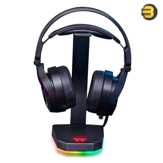 Thermaltake E1 RGB Gaming Headset Stand – Black Aluminum holder construction with a non-slip rubberized base, 16.8M RGB backlight, and comes with a 1.8m USB 3.0 cable and 1.8m 3.5mm 4-pole audio cable. Compatible with all headsets with headbands