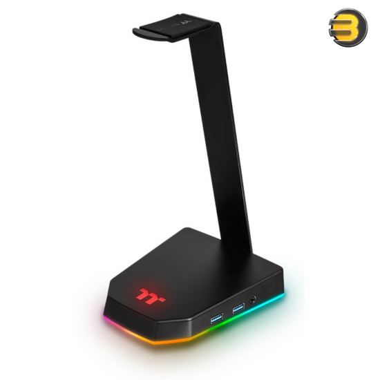 Thermaltake E1 RGB Gaming Headset Stand – Black Aluminum holder construction with a non-slip rubberized base, 16.8M RGB backlight, and comes with a 1.8m USB 3.0 cable and 1.8m 3.5mm 4-pole audio cable. Compatible with all headsets with headbands