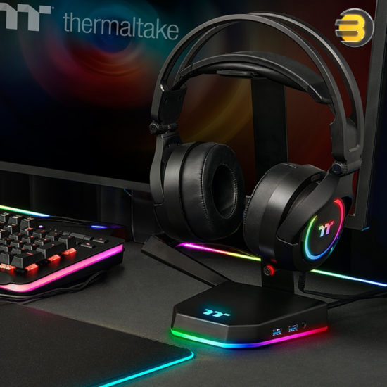 Thermaltake E1 RGB Gaming Headset Stand – Black Aluminum holder construction with a non-slip rubberized base, 16.8M RGB backlight, and comes with a 1.8m USB 3.0 cable and 1.8m 3.5mm 4-pole audio cable. Compatible with all headsets with headbands