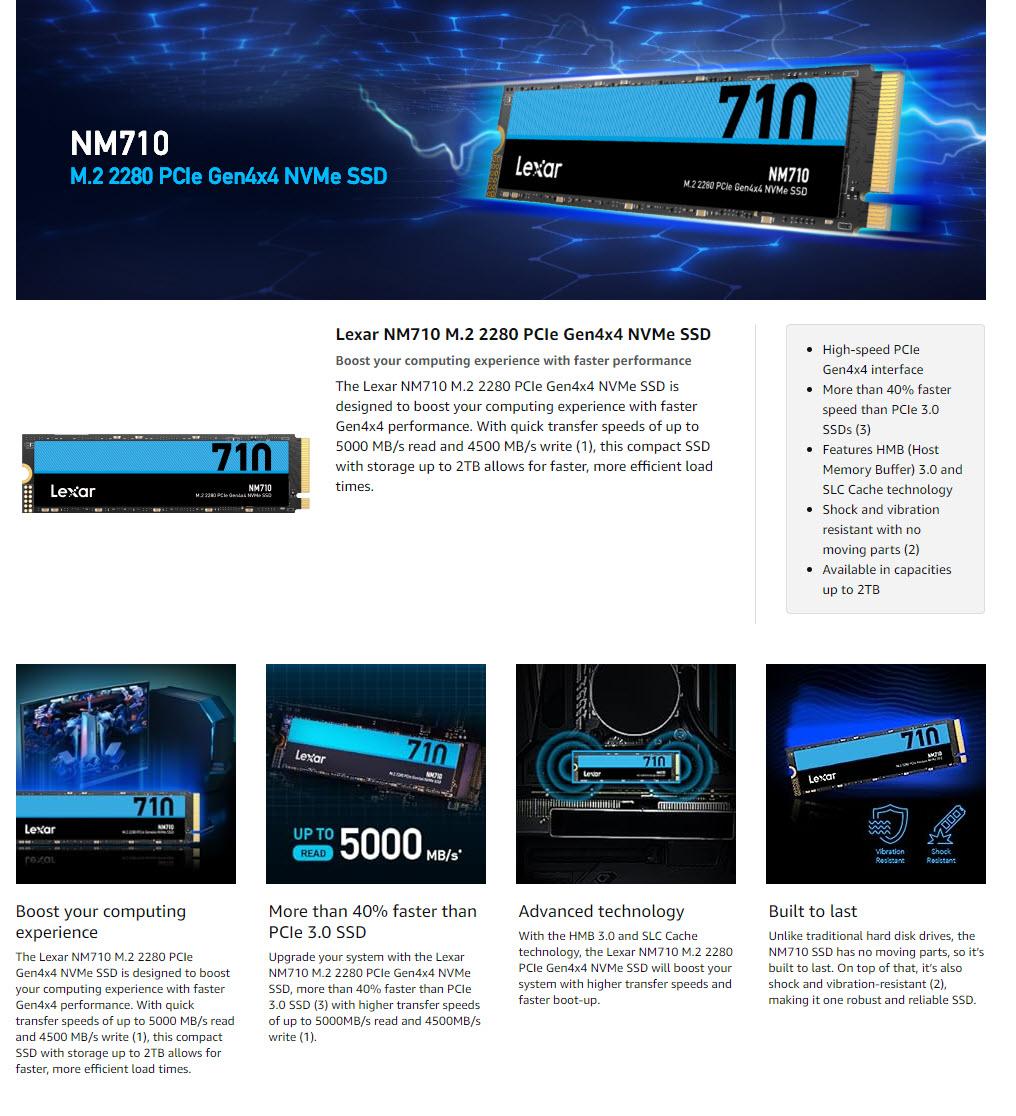 Lexar NM710 SSD M.2 PCIe 5000MB/s NVMe Solid Drive, 500GB Internal LNM710X001T-RNNNU to Up - State 2280 Gen4