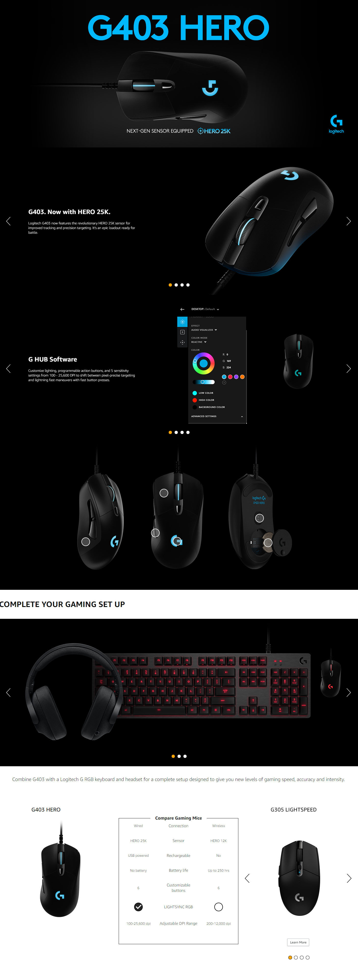 Logitech G403 Hero 25k Gaming Mouse Lightsync Rgb Lightweight 87g 10g Optional Braided Cable 25 600 Dpi Rubber Side Grips 910