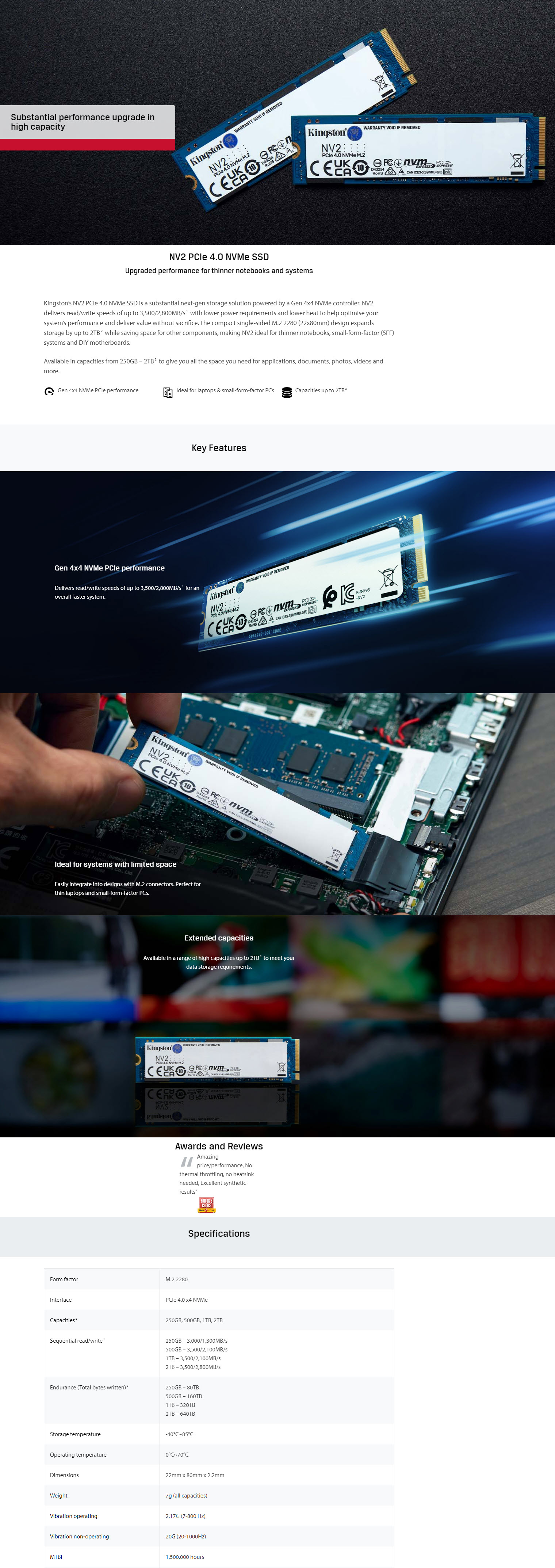 Kingston NV2 500G M.2 2280 NVMe PCIe Internal SSD Up to 3500 MB/s  SNV2S/500G 